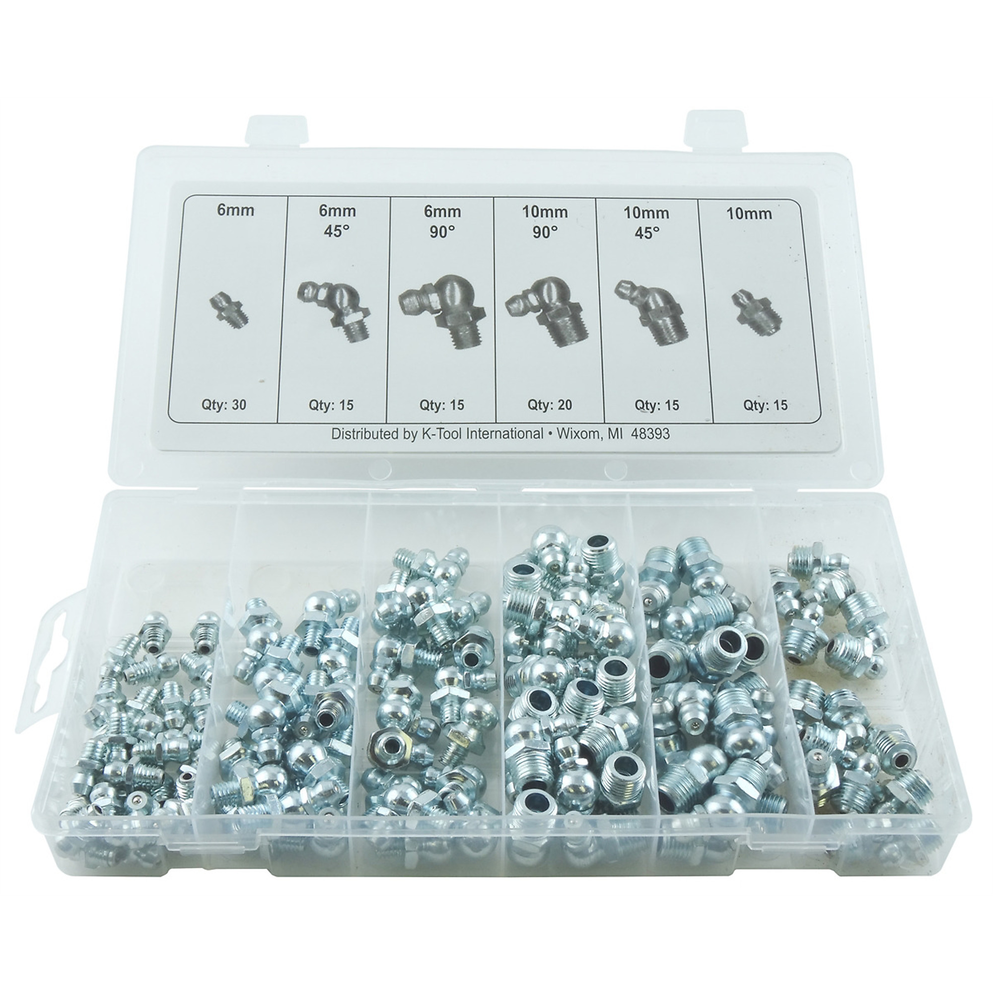 K Tool International Metric Grease Fitting Assortment — 140-Piece, 6mm to 10mm, Straight/45°/90° Fittings, Model# KTI00096A